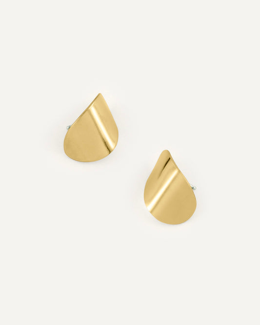 A pair of clean line and leaf-shaped brass earrings in high polished finish